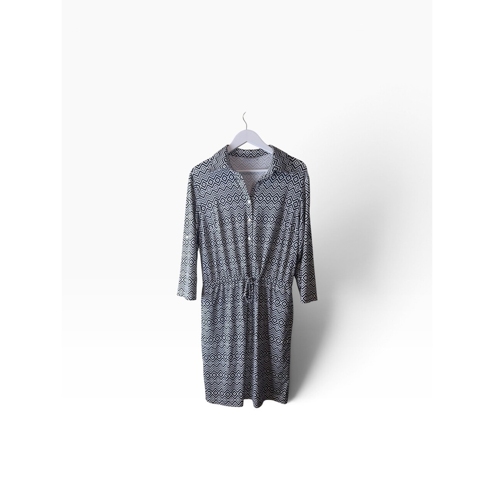 Ellie Kai Black White Geometric Diamond Print Shirt Dress Pockets Size 12